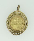 VICTORIAN GOLD SOVEREIGN DATED 1892 in 9ct gold openwork mount, 11.3gms