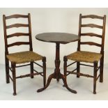 19TH CENTURY OAK TRIPOD TABLE & PAIR OAK & RUSH SEATED SIDE CHAIRS (3)