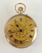 SMALL OPEN FACED LADIES FOB WATCH circa 1910, London import marks, stamped 375, with leaf decoration