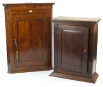 TWO 18TH CENTURY HANGING CUPBOARDS, one corner cupboard with panel door, 107cms high (2)