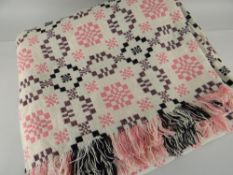 WELSH WOOLEN BLANKET, woven ivory, pink and black , fringe border, applied Gernos label