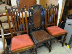 PAIR OF 17TH CENTURY-STYLE OAK DINING CHAIRS and another with vine carved back (3)