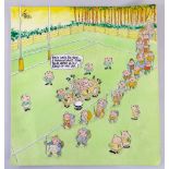 GRENFELL 'GREN' 'JONES' original pen and ink watercolour cartoon - rugby field with players and