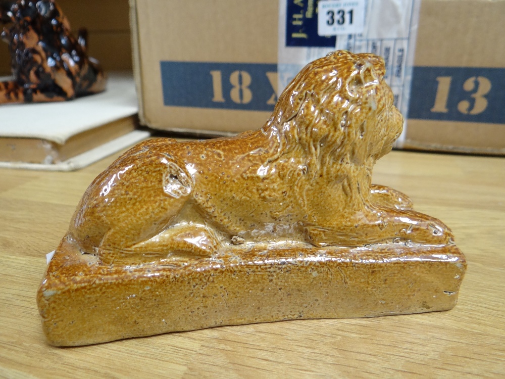 THREE SALTGLAZED POTTERY LIONS of recumbent form on plinths, largest 22cms wide, and a pottery - Image 20 of 23