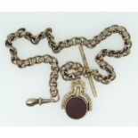 9CT YELLOW GOLD POCKET WATCH CHAIN with t-bar and bloodstone set revolving fob, 42.6gms