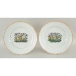 PAIR OF NEWCASTLE PRINTED SHIP PLATES, Success to the Fishermen, The Unfortunate London, 24cms