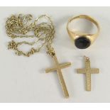 9CT GOLD AGATE SET RING, together with two 9ct gold crucifixes, one on chain, 7.3gms overall not