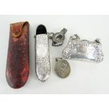 PARCEL OF SILVER TO INCLUDE SILVER ENGRAVED GLASSES HOLDER WITH BELT CLIP in leather case, small