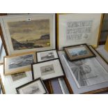 ASSORTED PICTURES including Edgar Maybery etching 'Old Courtyard Huntingdonshire'
