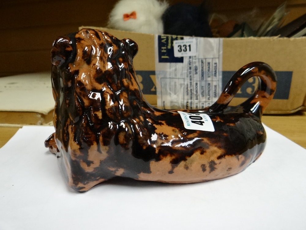 THREE SALTGLAZED POTTERY LIONS of recumbent form on plinths, largest 22cms wide, and a pottery - Image 15 of 23