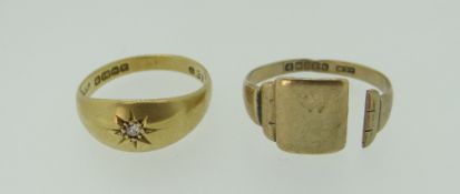 9CT YELLOW GOLD RING (A/F) & 18CT GYPSY RING, 2.2grams