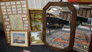 ASSORTED PICTURES & TWO MIRRORS including world map collage with cigarette cards
