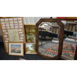 ASSORTED PICTURES & TWO MIRRORS including world map collage with cigarette cards