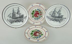 SWANSEA POTTERY ITEMS comprising two Cambrian printed ship plates and two Persian Rose painted and