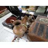 ASSORTED METALWARE including wall clock and Columbia portable gramophone