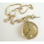 18K GOLD OPEN FACED POCKET WATCH HAVING ROMAN NUMERAL CHAPTER RING together with 9ct gold 'T' bar
