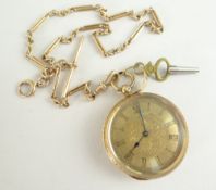 18K GOLD OPEN FACED POCKET WATCH HAVING ROMAN NUMERAL CHAPTER RING together with 9ct gold 'T' bar