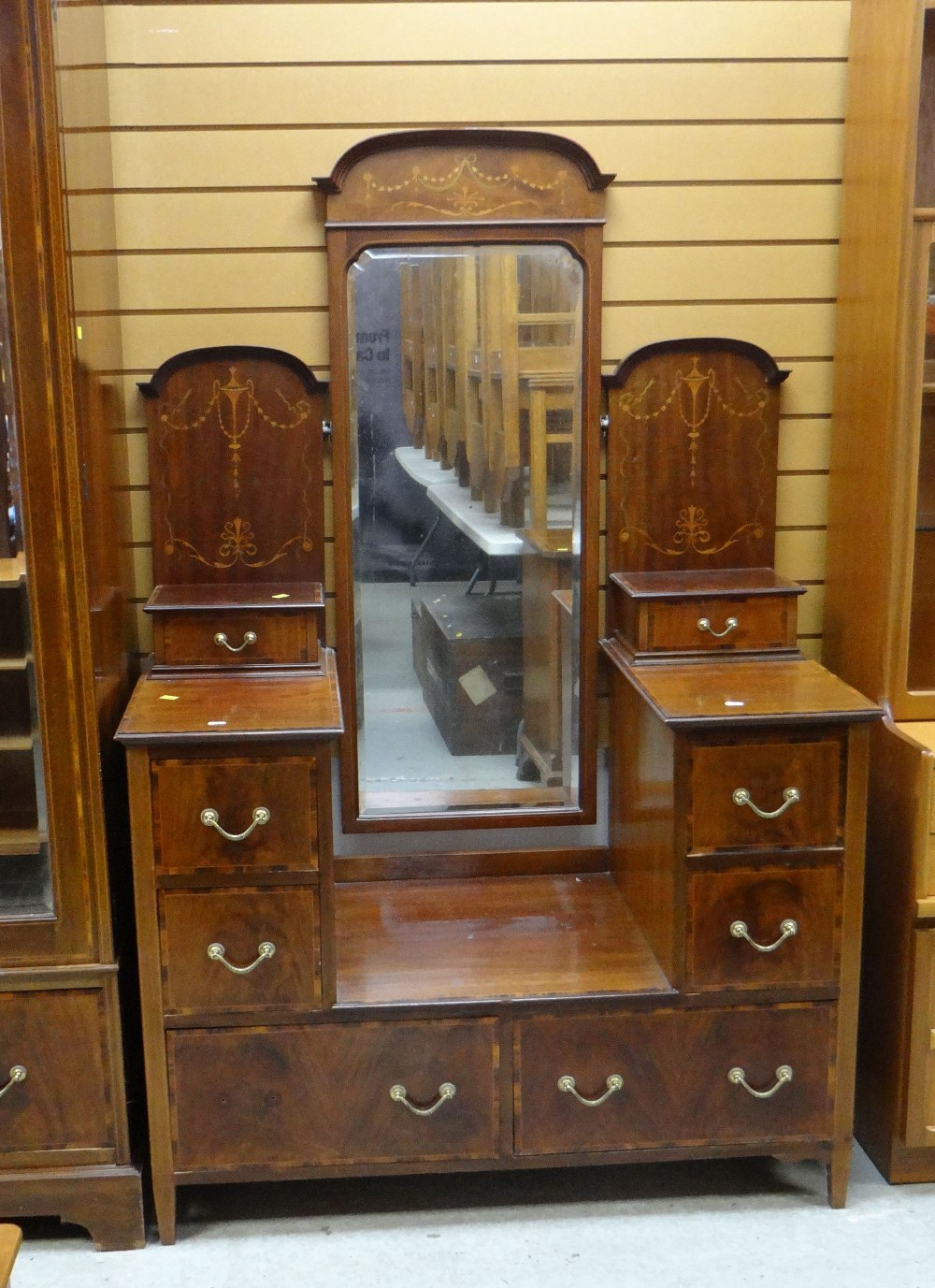 EDWARDIAN INLAID MAHOGANY DOME TOP MIRRORED WARDROBE & MATCHING DRESSING TABLE - Image 2 of 2