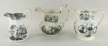WELSH POTTERY JUGS comprising three printed jugs, including a reform jug (damaged), a Cambrian Swiss