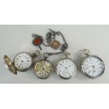 FOUR WHITE METAL CASED POCKET WATCHES including Longines open faced watch, engraved Full Hunter