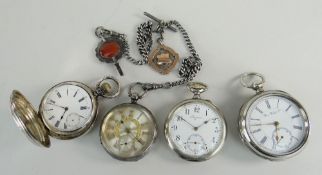 FOUR WHITE METAL CASED POCKET WATCHES including Longines open faced watch, engraved Full Hunter