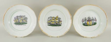 THREE NEWCASTLE PRINTED POTTERY PLATES, Mariners Arms, The Unfortunate London, True Love from