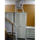 MODERN PAINTED BEDROOM FURNITURE comprising pair wicker fronted wardrobes, five drawer chest en