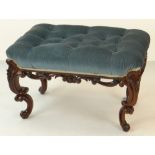 VICTORIAN ROSEWOOD DRESSING STOOL, button upholstered stuff-over seat, Rococo scrolled frieze and