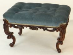 VICTORIAN ROSEWOOD DRESSING STOOL, button upholstered stuff-over seat, Rococo scrolled frieze and