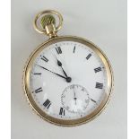 9CT YELLOW GOLD OPEN FACED POCKET WATCH with enamel face and Roman numeral chapter ring, engraved to