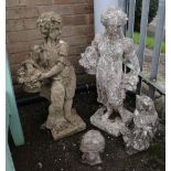 FOUR GARDEN ORNAMENTS including a pair of statues of boys and girls, 76cms high, tortoise, owl