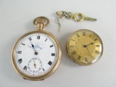 YELLOW METAL OPEN FACED POCKET WATCH together with plated Russell & Son pocket watch (2)