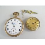 YELLOW METAL OPEN FACED POCKET WATCH together with plated Russell & Son pocket watch (2)