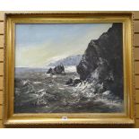 C. JANS oil on canvas - crashing waves and rocks, signed, 61 x 74cms