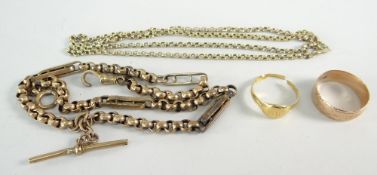 ASSORTED GOLD JEWELLERY TO INCLUDE 9CT GOLD 'T' BAR CHAIN, 9ct gold fine chain, 18ct gold signet