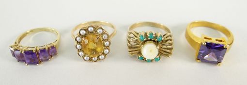 THREE 9CT YELLOW GOLD RINGS set with pearls, turquoise, together with 10ct yellow gold purple