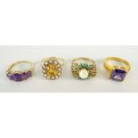 THREE 9CT YELLOW GOLD RINGS set with pearls, turquoise, together with 10ct yellow gold purple