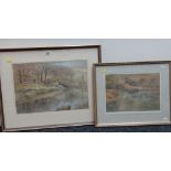 ARTHUR MILES two watercolours - coracles, rocks and sunlight, signed and dated '75, and another