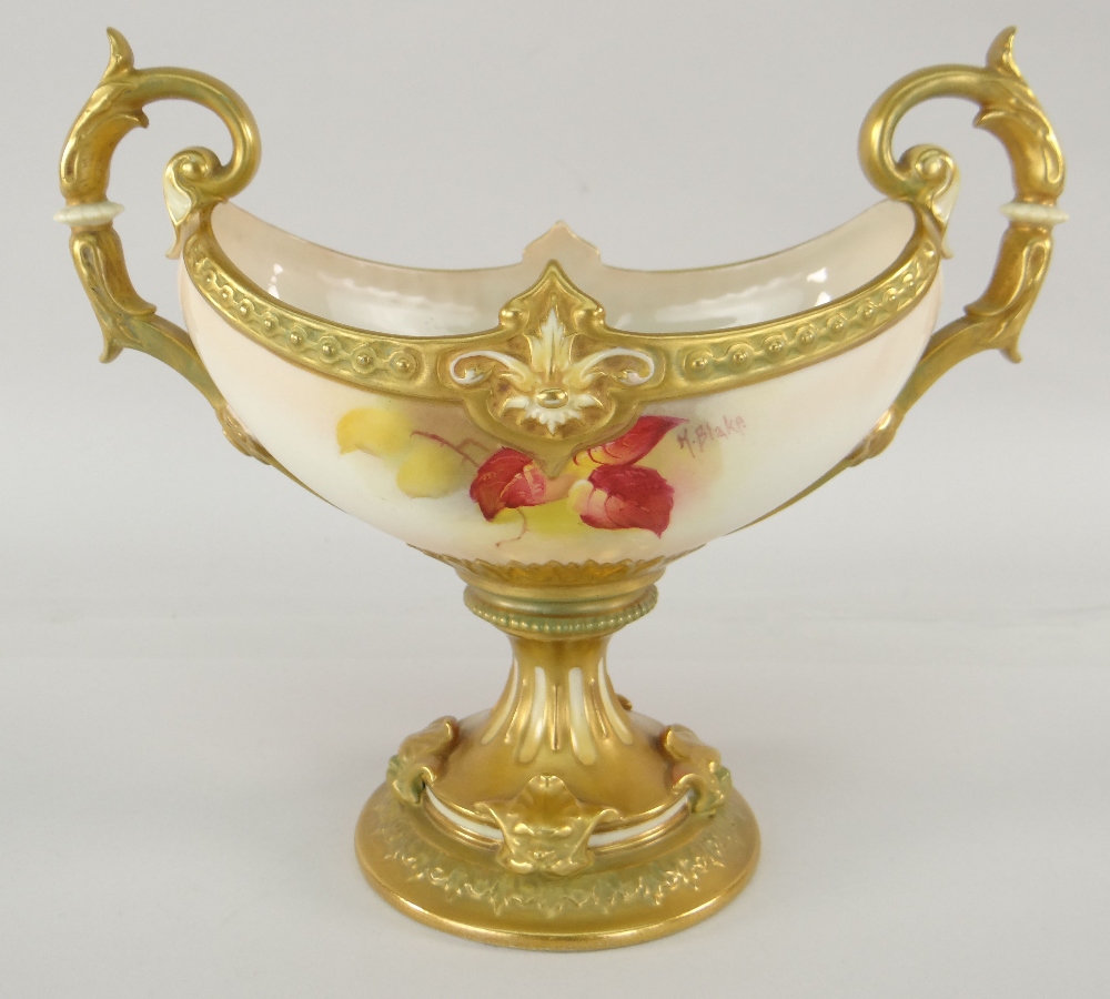 ROYAL WORCESTER TWIN HANDLED PEDESTAL CENTREPIECE hand painted with Autumnal berries and foliage - Image 3 of 14
