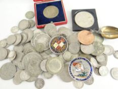 COLLECTION OF ASSORTED COINS TO INCLUDE PRE-DECIMAL, white metal silver spoon remnant, 1887 cased