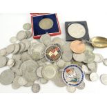 COLLECTION OF ASSORTED COINS TO INCLUDE PRE-DECIMAL, white metal silver spoon remnant, 1887 cased