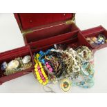 ASSORTED COSTUME JEWELLERY including butterfly brooches, cameos ETC., in red jewellery box