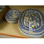 STAFFORDSHIRE BLUE & WHITE 'WILLOW' PATTERN MEAT PLATTERS & DINNER PLATES