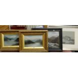 THREE PICTURES including a pair of lake landscapes by W A Wilkinson oil on canvas, 32 x 44cms, a ch