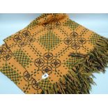 VINTAGE WELSH WOOLEN BLANKET with woven green, black and orange and fringe border