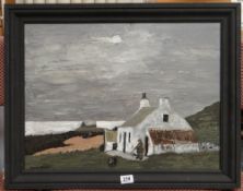 OWEN MEILIR - Anglesey scene with cottage and Sant Chwyfan's Church in the distance, signed, 37 x