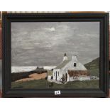 OWEN MEILIR - Anglesey scene with cottage and Sant Chwyfan's Church in the distance, signed, 37 x