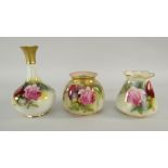 THREE ROYAL WORCESTER ITEMS comprising bottle-vase hand painted with roses signed 'M Hunt', shape