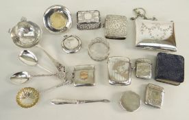 ASSORTED ANTIQUE SILVER & PLATED MINIATURE COLLECTABLES including vesta cases, box, prayer book ETC