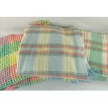 THREE TRADITIONAL WOOLEN BLANKETS with woven green pink, yellow yarns